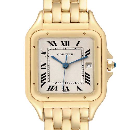 The image shows a front view of the Cartier Panthere W2501489 Women's Yellow Gold Silver Dial W2501489 Women's Yellow Gold Silver Dial watch, highlighting the dial, bezel, crown, and part of the bracelet.