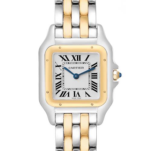 The image shows a front view of the Cartier Panthere W2PN0007 Women's Steel and Gold (two tone) Silver Dial W2PN0007 Women's Steel and Gold (two tone) Silver Dial watch, highlighting its rectangular dial, Roman numerals, and two-tone metal bracelet.