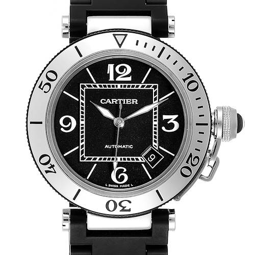 The Cartier Pasha W31088U2 Men's Stainless Steel Black Dial W31088U2 Men's Stainless Steel Black Dial watch is shown from a front angle, revealing the dial, bezel, hands, and crown.