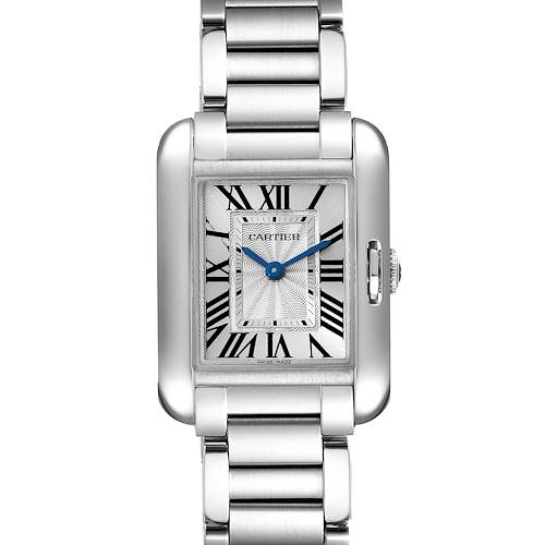 The image shows a full frontal view of the Cartier Tank Anglaise W5310022 Women's Stainless Steel Silver Dial W5310022 Women's Stainless Steel Silver Dial watch, highlighting its rectangular face, Roman numerals, and silver bracelet.