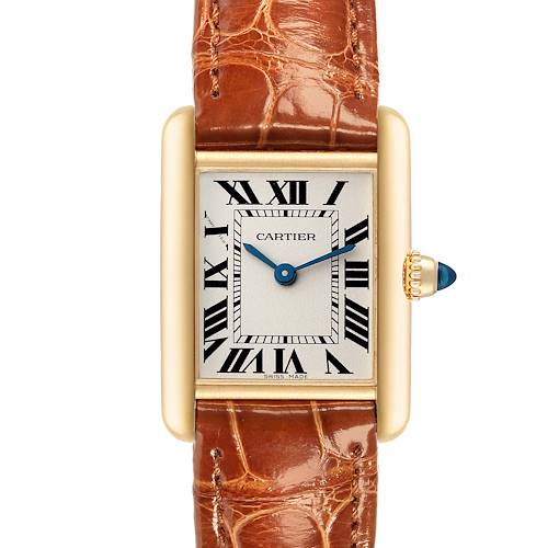 This image shows a frontal view of the Cartier Tank Louis W1529856 Women's Yellow Gold Silver Dial W1529856 Women's Yellow Gold Silver Dial watch, including its dial, hands, bezel, crown, and leather strap.