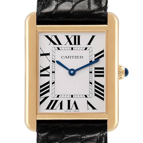 The Cartier Tank Solo W5200004 Men's Steel and Gold (two tone) Silver Dial watch is shown from the front, displaying its rectangular dial, Roman numerals, and blue steel hands.