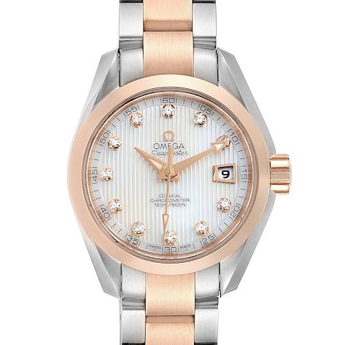 The image shows a front view of the Omega 231.20.30.20.55.001 Women's Steel and Gold (two tone) Mother of Pearl Dial 231.20.30.20.55.001 Women's Steel and Gold (two tone) Mother of Pearl Dial Aqua Terra Steel Rose Gold Diamond Watch 231.20.30.20.55.001, displaying its face and bracelet.