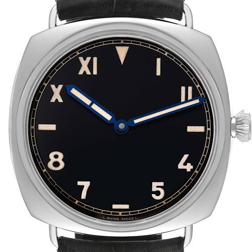 The image shows a front view of a Panerai Radiomir PAM00249 Men's Stainless Steel Black Dial PAM00249 Men's Stainless Steel Black Dial watch, highlighting the dial, hands, and part of the crown and strap.