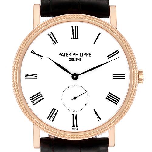 This image shows a frontal view of a Patek Philippe Calatrava 5119R Men's Rose Gold White Dial 5119R Men's Rose Gold White Dial watch, highlighting the face, bezel, and strap attachment.