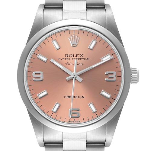 The Rolex Air-King 14000 Men's Stainless Steel Pink Dial 14000 Men's Stainless Steel Pink Dial watch is shown from a front angle, highlighting its dial, hands, markers, crown, and part of the bracelet.