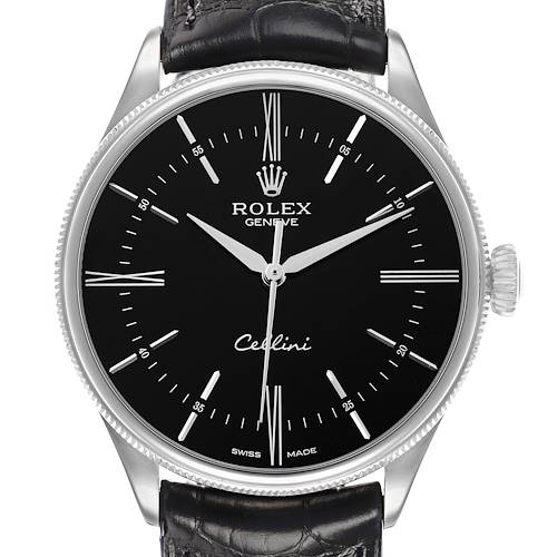 The Rolex Cellini M50509 Men's White Gold Black Dial watch face is shown from a front view, displaying the black dial, hands, hour markers, and brand name.