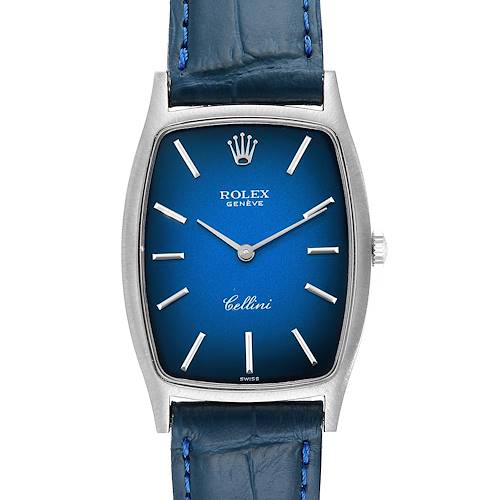 The image shows a front view of a Rolex Cellini 3807 Women's White Gold Blue Dial 3807 Women's White Gold Blue Dial watch with a blue dial and blue leather strap.