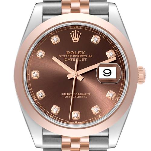 This is a close-up front view of the Rolex Datejust 41 126301 Men's Steel and Gold (two tone) Brown Dial 126301 Men's Steel and Gold (two tone) Brown Dial watch, showcasing its brown dial, diamond hour markers, and date display.