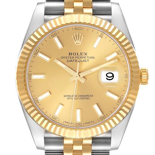 This image shows a front view of the Rolex Datejust 41 126333 Men's Steel and Gold (two tone) Champagne Dial 126333 Men's Steel and Gold (two tone) Champagne Dial watch, displaying its dial, bezel, hands, and part of the bracelet.