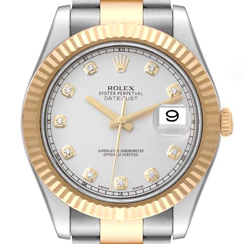 The image shows a Rolex Datejust 41 116333 Men's Steel and Gold (two tone) Silver Dial 116333 Men's Steel and Gold (two tone) Silver Dial watch from a top-down angle, highlighting its face, fluted bezel, and crown.