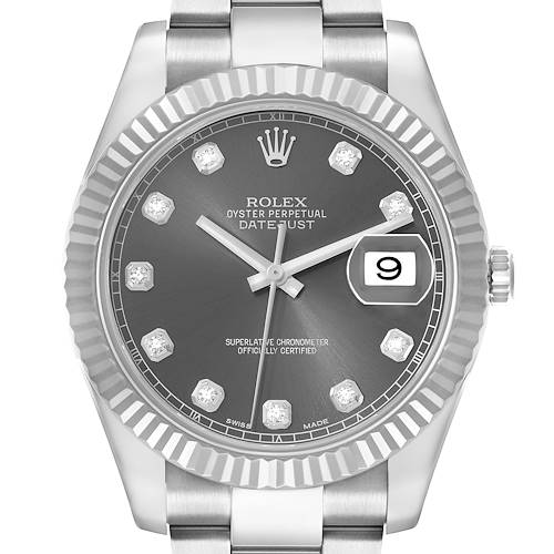 The Rolex Datejust 41 116334 Men's Stainless Steel Silver Dial is shown from the front, displaying its dial, bezel, hands, markers, and the date magnification window.