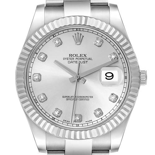This image shows a front view of a Rolex Datejust 41 116334 Men's Stainless Steel Silver Dial 116334 Men's Stainless Steel Silver Dial watch, highlighting the dial, bezel, and bracelet.
