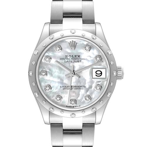 This image shows a frontal view of a Rolex Mid-Size 278344RBR Women's White Gold Mother of Pearl Dial 278344RBR Women's White Gold Mother of Pearl Dial Oyster Perpetual Datejust watch, highlighting its dial, bezel, and bracelet.