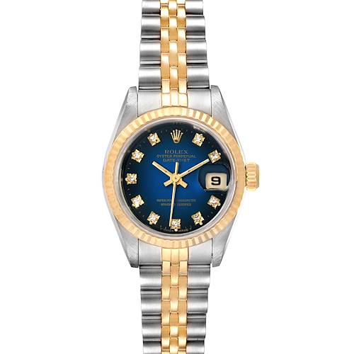 The image shows a front view of a Rolex Datejust 69173 Women's Steel and Gold (two tone) Blue Dial 69173 Women's Steel and Gold (two tone) Blue Dial watch, displaying its two-tone bracelet, blue dial, and date window at 3 o'clock.