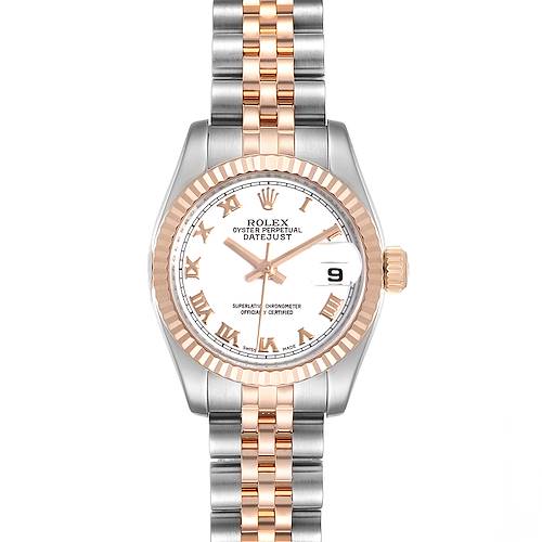 This image shows a Rolex Datejust 179171 Women's Steel and Gold (two tone) White Dial 179171 Women's Steel and Gold (two tone) White Dial watch from a top-down view, highlighting its face, bezel, and bracelet.