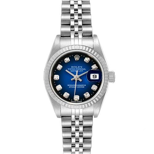 The image shows a front view of a Rolex Datejust 79174 Women's Stainless Steel Blue Dial 79174 Women's Stainless Steel Blue Dial watch, highlighting its dial, bezel, and bracelet.