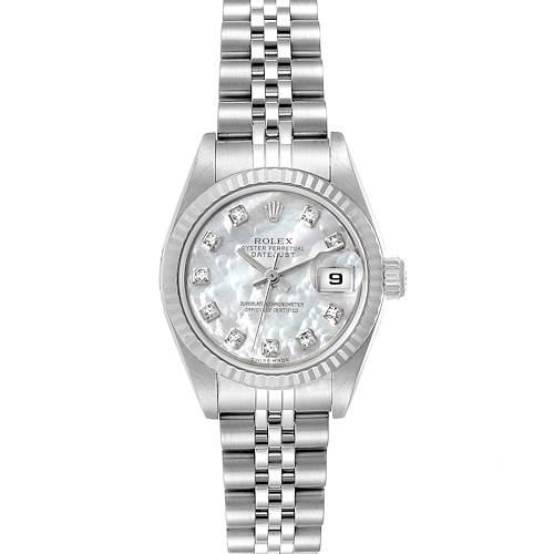 This is a front view of a Rolex Datejust 79174 Women's Stainless Steel Mother of Pearl Dial 79174 Women's Stainless Steel Mother of Pearl Dial watch, showing the dial, bezel, crown, and part of the bracelet.