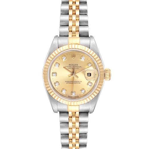 The image shows a Rolex Datejust 69173 Women's Steel and Gold (two tone) Champagne Dial 69173 Women's Steel and Gold (two tone) Champagne Dial watch from a top view, highlighting the gold and silver bracelet, diamond hour markers, and date window.