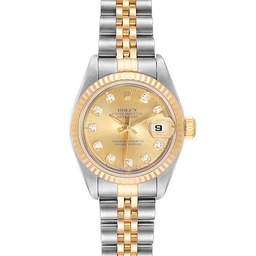 This is a front view of a Rolex Datejust 79173 Women's Steel and Gold (two tone) Champagne Dial 79173 Women's Steel and Gold (two tone) Champagne Dial watch, showing its face, bezel, and bracelet in two-tone metal.