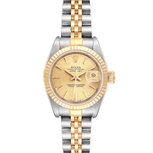 The image shows a frontal view of a Rolex Datejust 69173 Women's Steel and Gold (two tone) Champagne Dial 69173 Women's Steel and Gold (two tone) Champagne Dial watch, highlighting its dial, bezel, and two-tone bracelet.