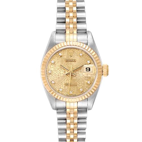 This image shows a front view of a Rolex Datejust 79173 Women's Steel and Gold (two tone) Champagne Dial 79173 Women's Steel and Gold (two tone) Champagne Dial watch, displaying the dial, bezel, and bracelet.