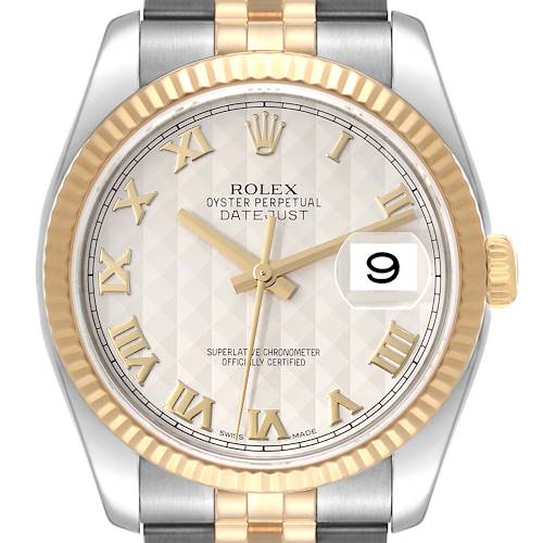 This is a close-up front view of a Rolex Datejust 116233 Men's Steel and Gold (two tone) Beige Dial 116233 Men's Steel and Gold (two tone) Beige Dial watch, showing the dial, bezel, case, and bracelet.