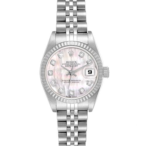 This is a front view of a Rolex Datejust 79174 Women's Stainless Steel Mother of Pearl Dial 79174 Women's Stainless Steel Mother of Pearl Dial watch, showing its dial, bezel, crown, and bracelet.