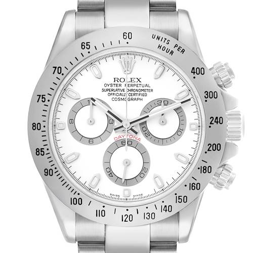 The Rolex Daytona 116520 Men's Stainless Steel White Dial watch is shown from a front view, highlighting its bezel, dial, sub-dials, and crown.