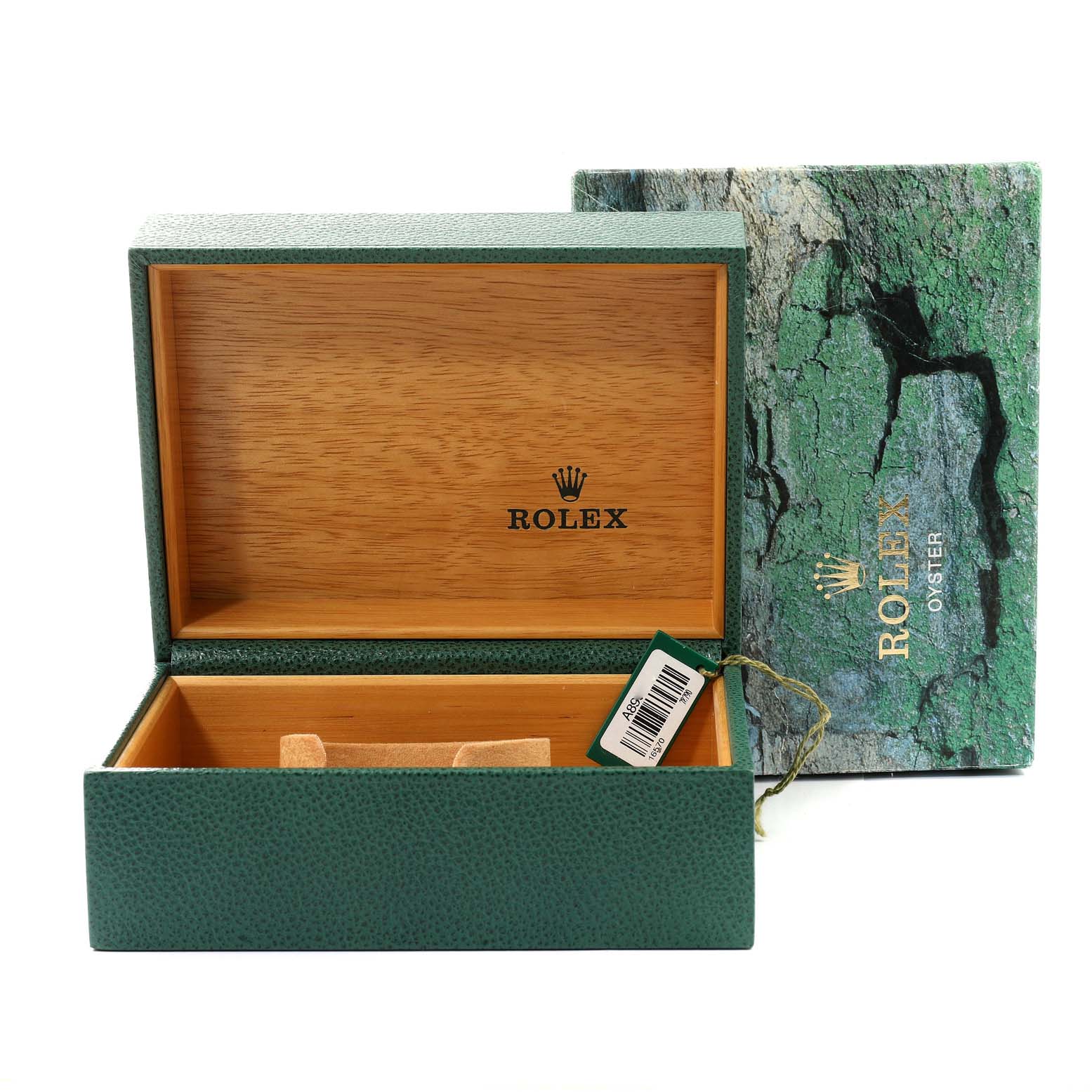 The image shows the opened box and outer packaging of a Rolex Explorer 16570 Men's Stainless Steel White Dial 16570 Men's Stainless Steel White Dial watch, highlighting the brand's logo and inner lining.