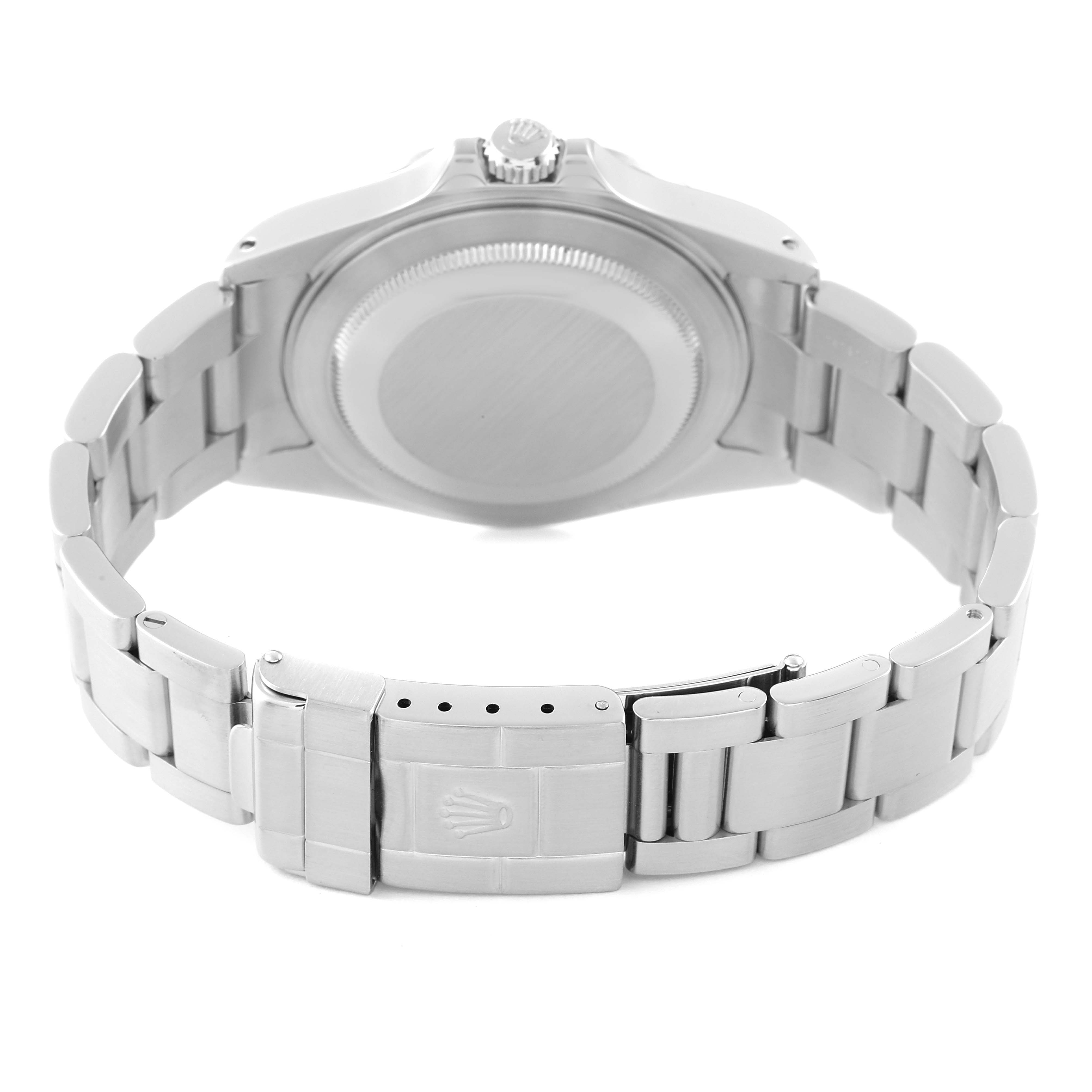 The image shows the back view of a Rolex Explorer 16570 Men's Stainless Steel White Dial 16570 Men's Stainless Steel White Dial watch, including the case back, bracelet, and clasp.