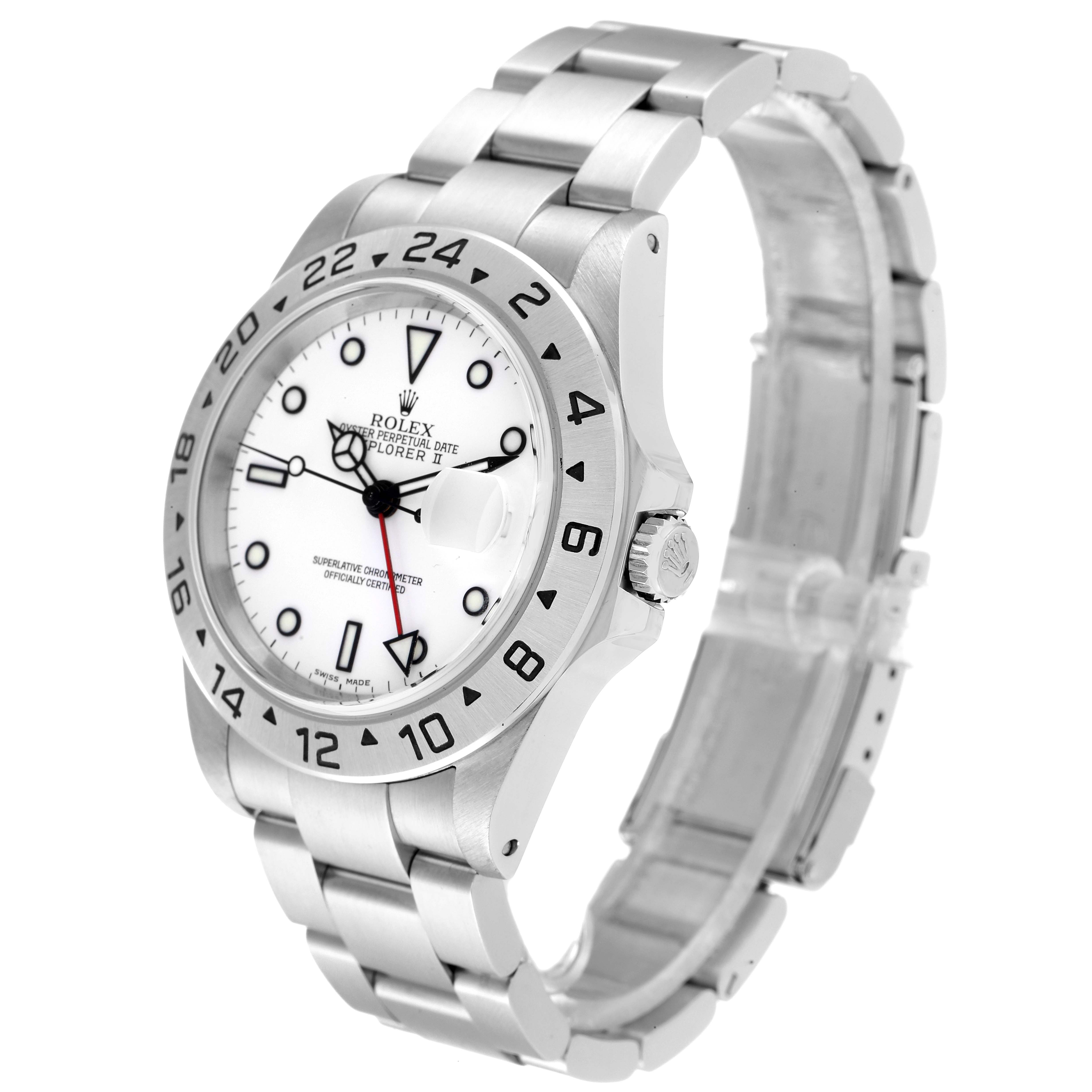 The image shows a side angle of a Rolex Explorer 16570 Men's Stainless Steel White Dial 16570 Men's Stainless Steel White Dial watch, displaying the bezel, dial, crown, and bracelet.