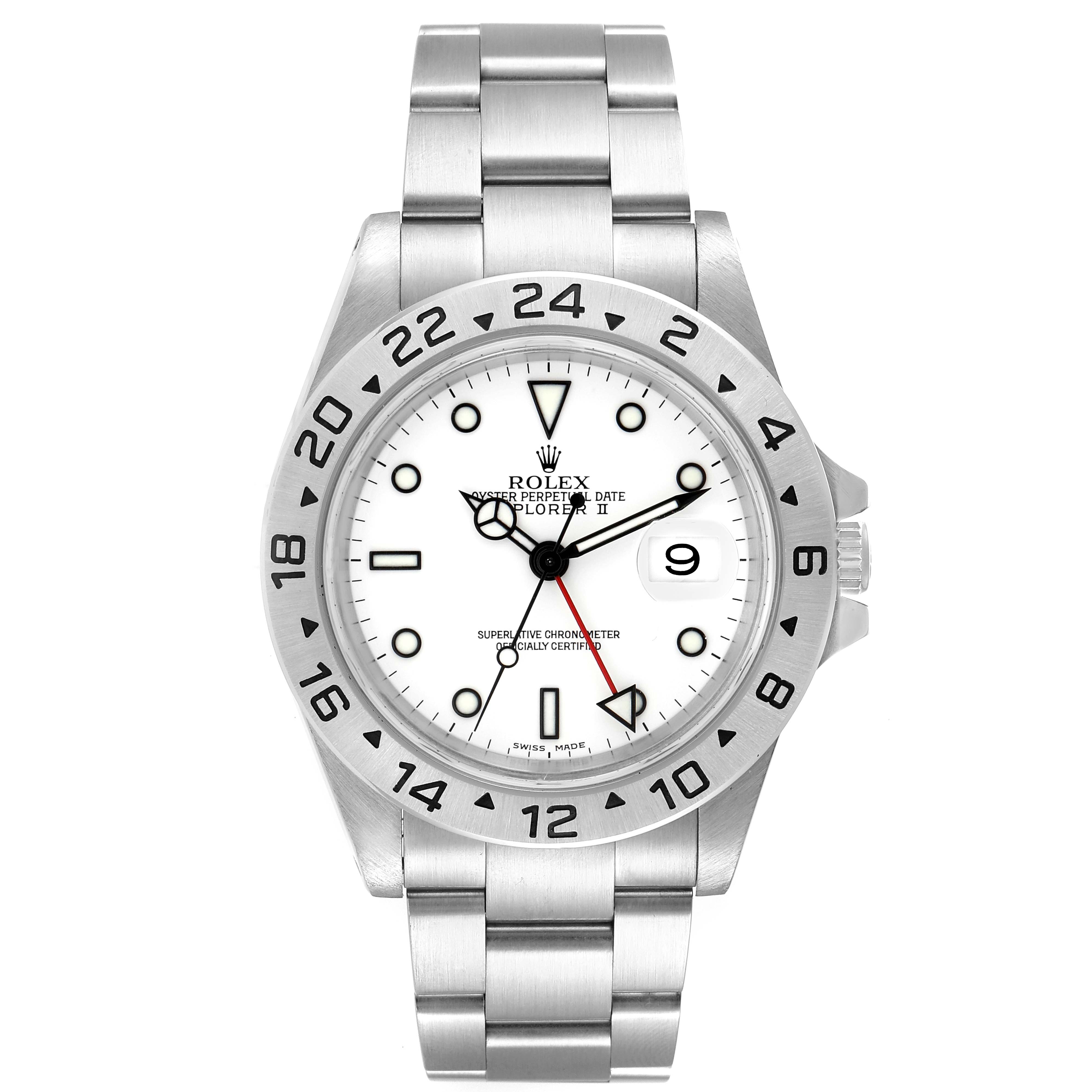 This is a frontal view of the Rolex Explorer 16570 Men's Stainless Steel White Dial 16570 Men's Stainless Steel White Dial watch, showing the dial, bezel, hands, and bracelet.