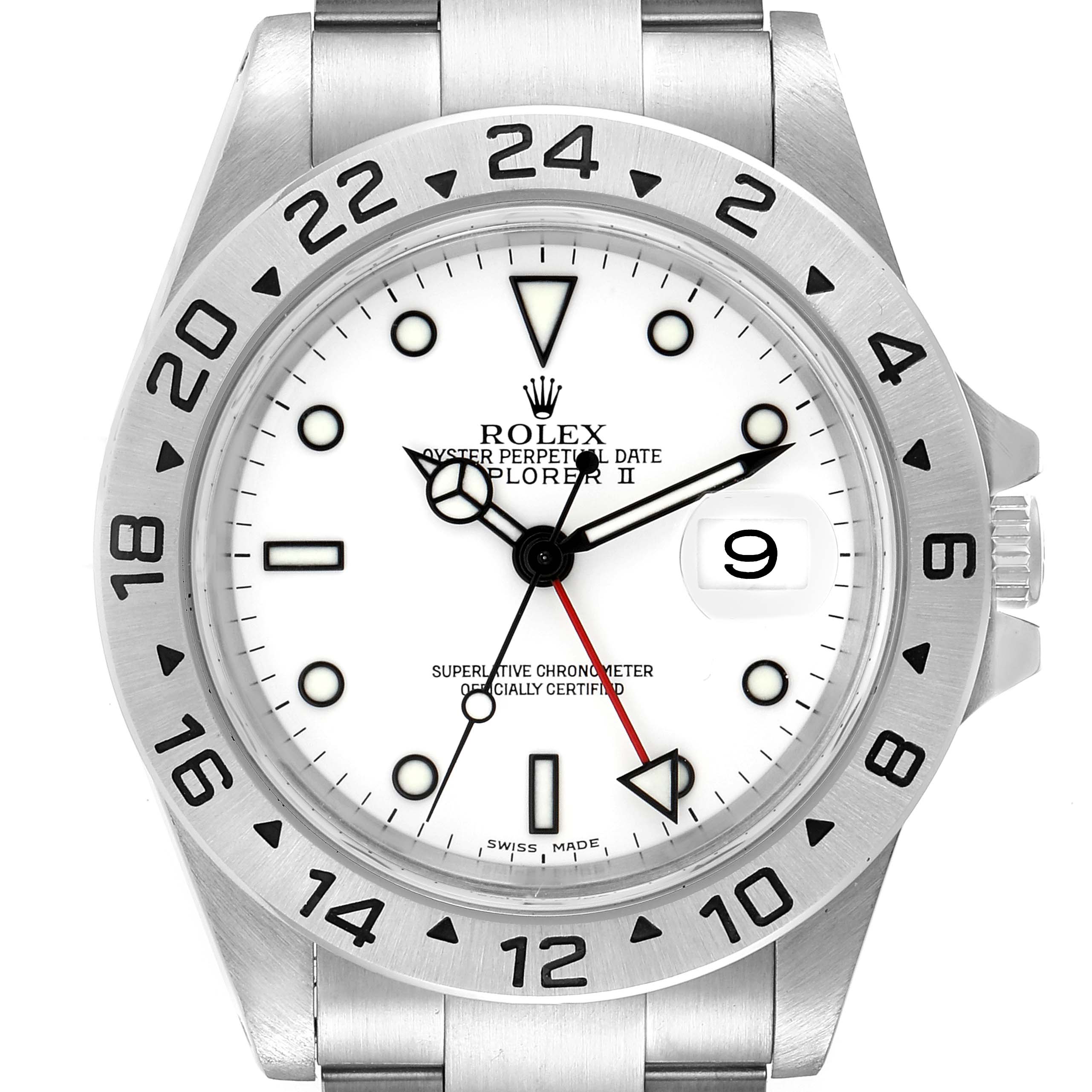 This image shows a front view of the Rolex Explorer 16570 Men's Stainless Steel White Dial 16570 Men's Stainless Steel White Dial watch, highlighting its dial, bezel, and bracelet.