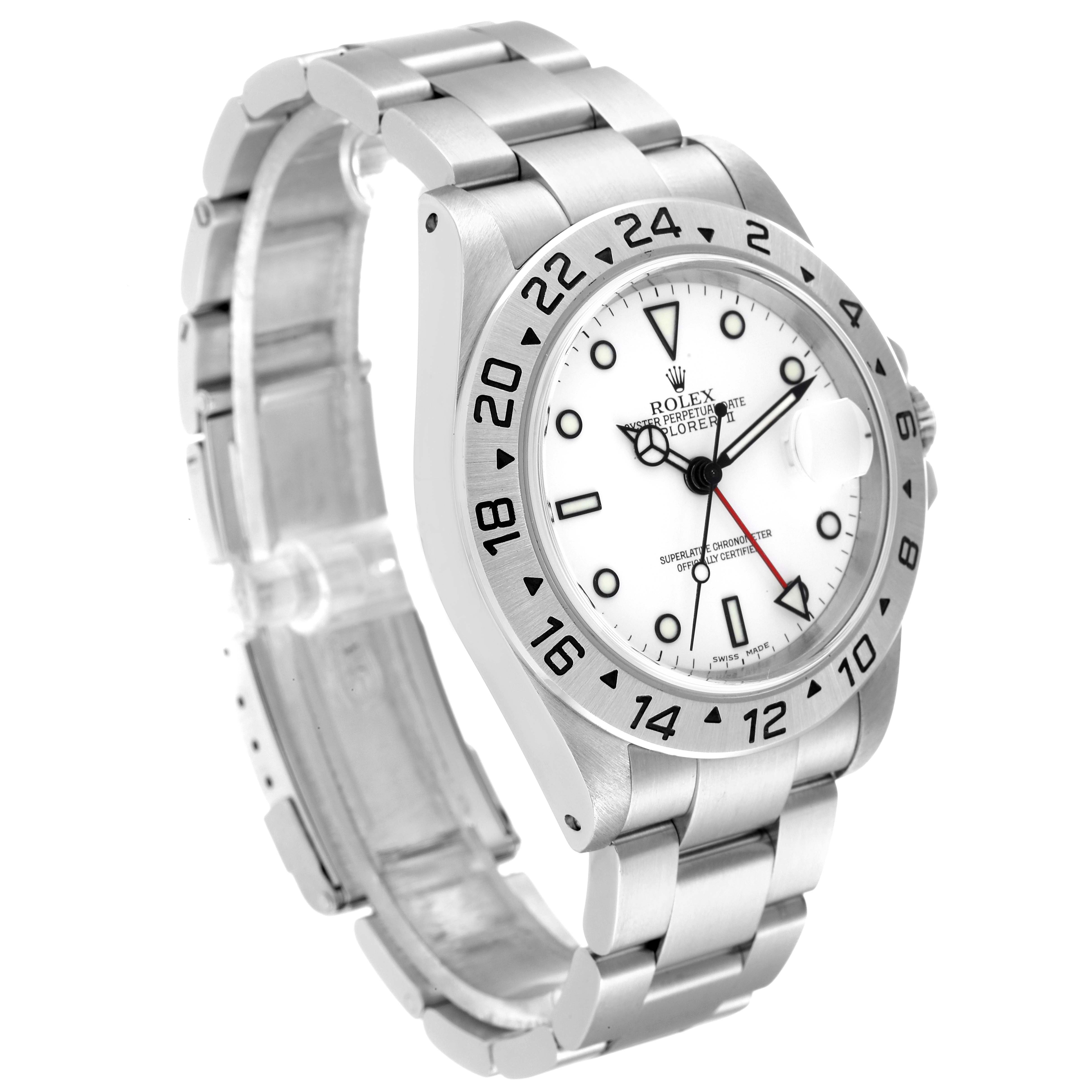 The image shows a Rolex Explorer 16570 Men's Stainless Steel White Dial 16570 Men's Stainless Steel White Dial model watch at a three-quarters front angle, highlighting its face, bezel, and bracelet.