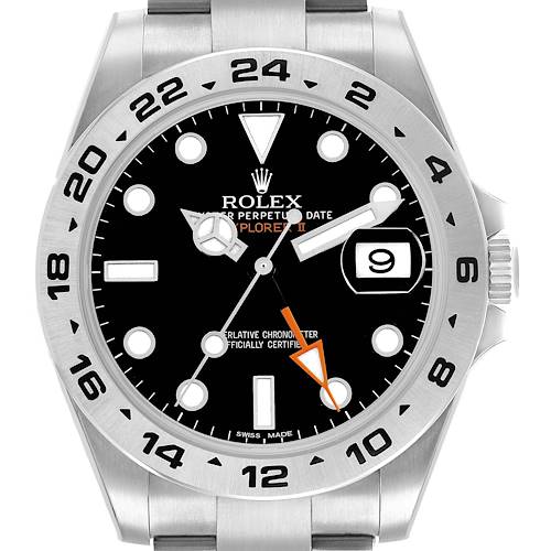 The Rolex Explorer 216570 Men's Stainless Steel Black Dial II watch is shown from the front, highlighting its dial, bezel, hands, and date function.