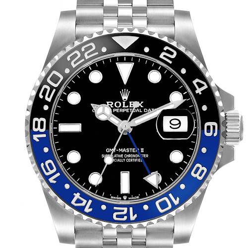 The Rolex GMT-Master 126710 Men's Stainless Steel Black Dial model is shown from a front angle, highlighting the watch face, bezel, crown, and part of the bracelet.