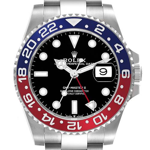 The Rolex GMT-Master 126710 Men's Stainless Steel Black Dial watch is shown from the front, displaying the dial, bezel, hands, and part of the bracelet.