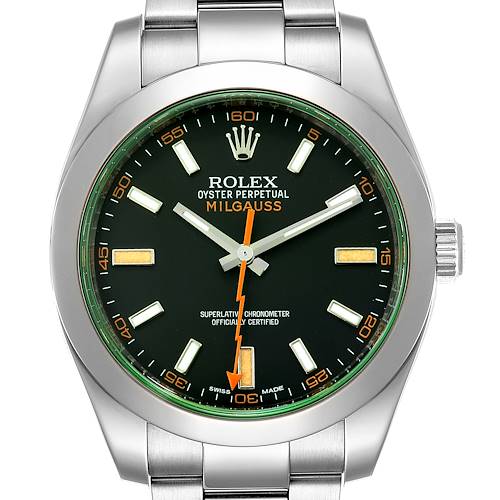 The image shows a frontal view of a Rolex Milgauss 116400GV Men's Stainless Steel Black Dial 116400GV Men's Stainless Steel Black Dial watch, highlighting its dial, hands, indices, and part of the bracelet.