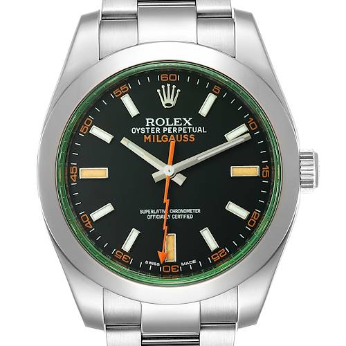 This image shows a front view of a Rolex Milgauss 116400GV Men's Stainless Steel Black Dial 116400GV Men's Stainless Steel Black Dial watch, highlighting the dial, hands, bezel, and bracelet.