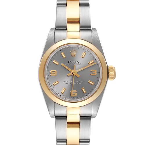 This is a frontal view of the Rolex Oyster Perpetual 67183 Women's Steel and Gold (two tone) Silver Dial 67183 Women's Steel and Gold (two tone) Silver Dial watch, showcasing its dial, bezel, and part of the bracelet.
