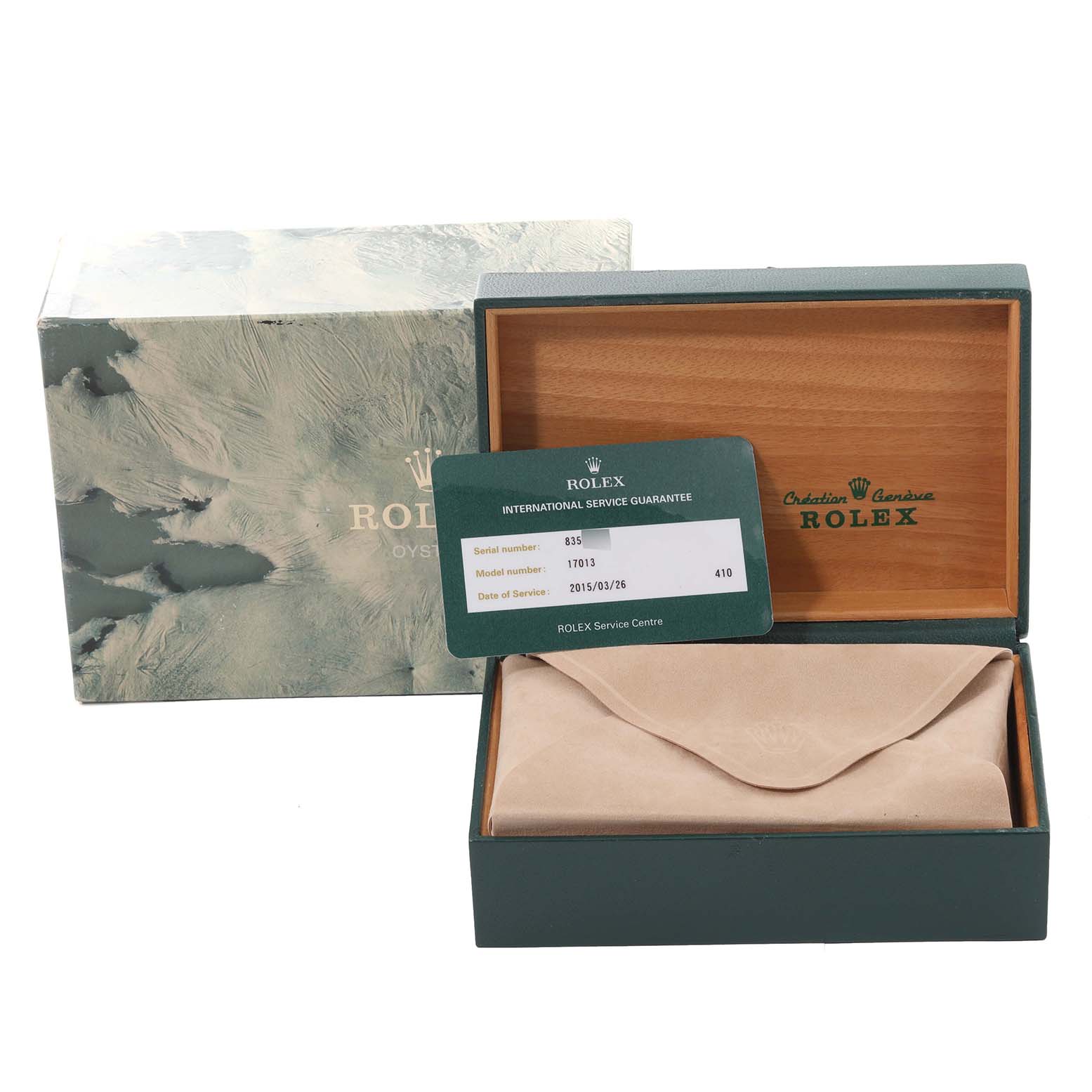 The image shows the packaging, service card, and inner box of a Rolex Oysterquartz 17013 Men's Steel and Gold (two tone) Silver Dial 17013 Men's Steel and Gold (two tone) Silver Dial model.