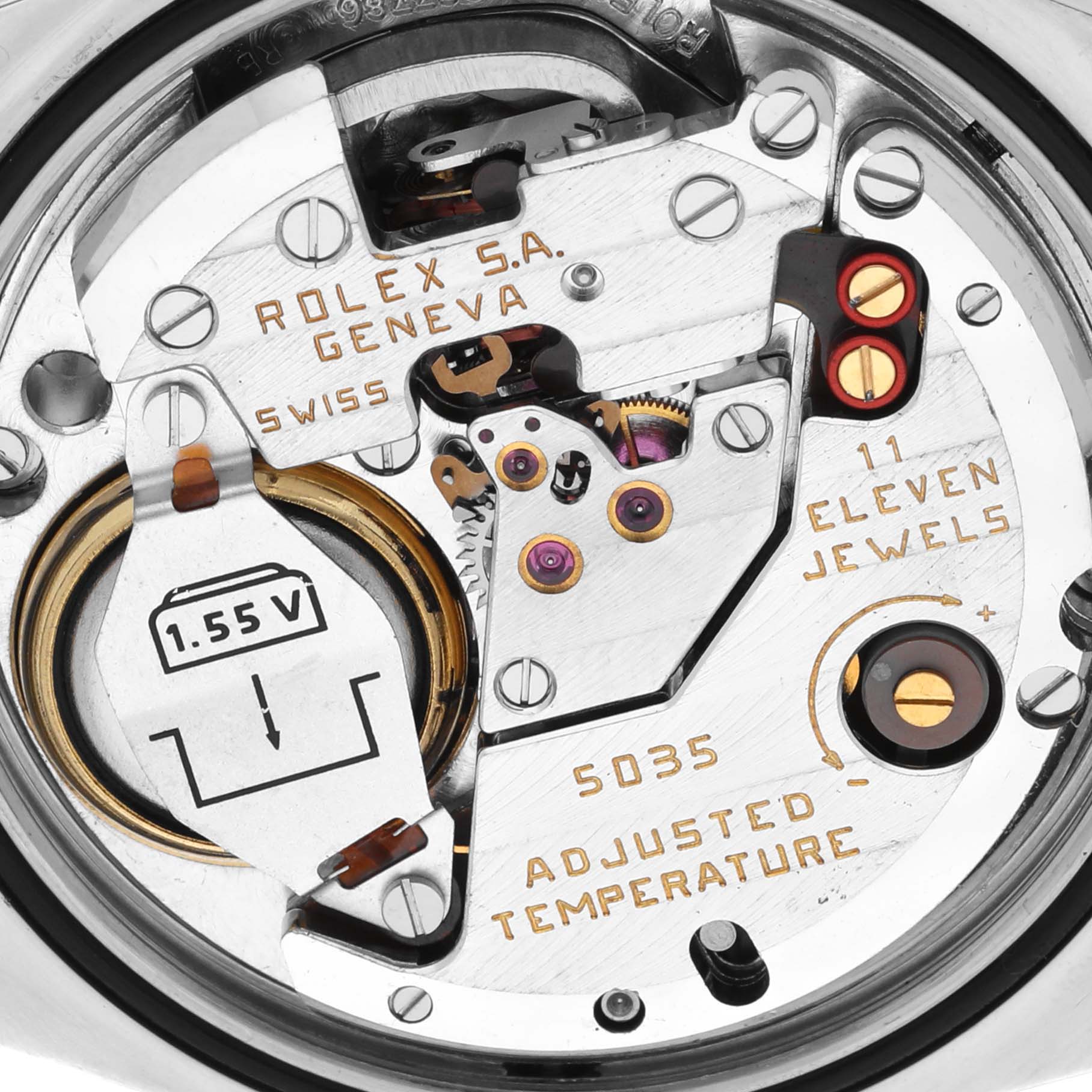This image shows a close-up view of the movement and internal components of the Rolex Oysterquartz 17013 Men's Steel and Gold (two tone) Silver Dial 17013 Men's Steel and Gold (two tone) Silver Dial watch.