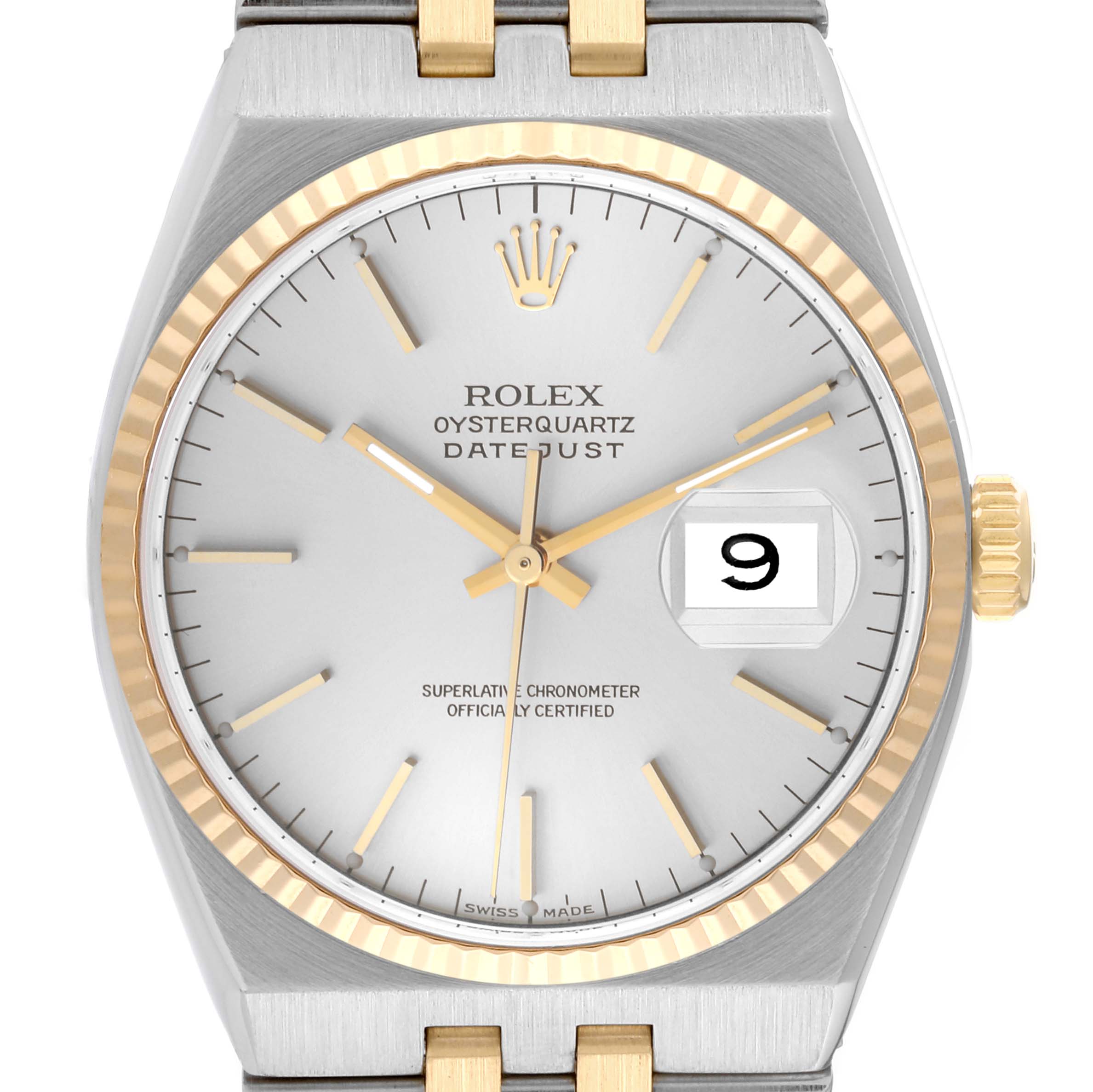 The image shows a front view of a Rolex Oysterquartz 17013 Men's Steel and Gold (two tone) Silver Dial 17013 Men's Steel and Gold (two tone) Silver Dial Datejust watch, highlighting its dial, date window, bezel, and crown.