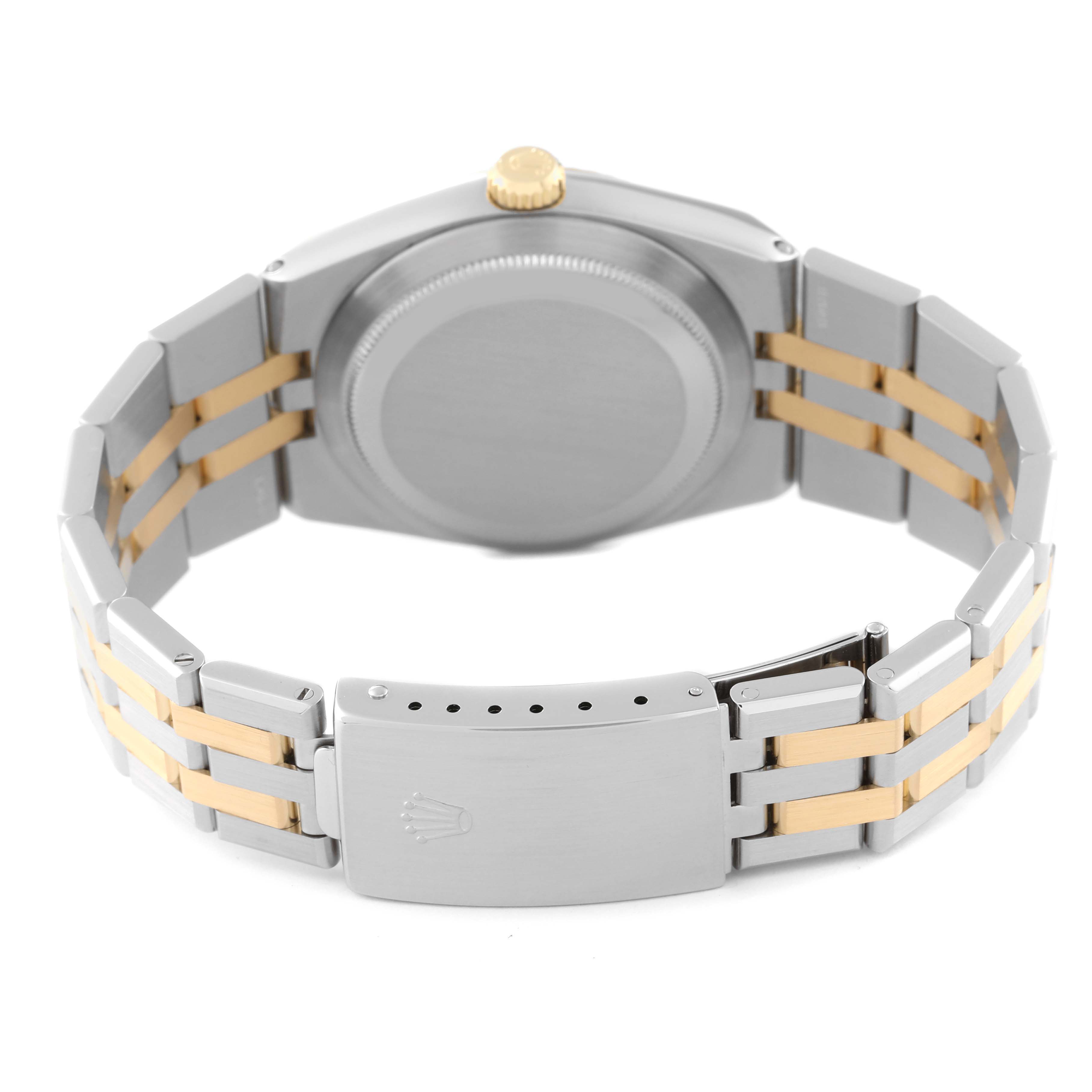 The image shows the back and bracelet of a Rolex Oysterquartz 17013 Men's Steel and Gold (two tone) Silver Dial 17013 Men's Steel and Gold (two tone) Silver Dial watch, highlighting the clasp and gold-tone crown.