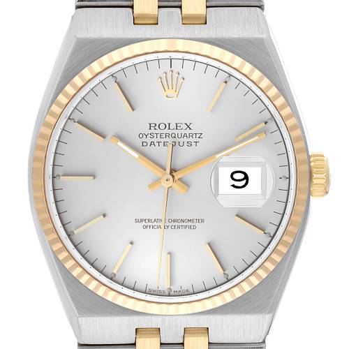 The image shows a front view of a Rolex Oysterquartz 17013 Men's Steel and Gold (two tone) Silver Dial 17013 Men's Steel and Gold (two tone) Silver Dial Datejust watch, highlighting its dial, hands, bezel, and bracelet.