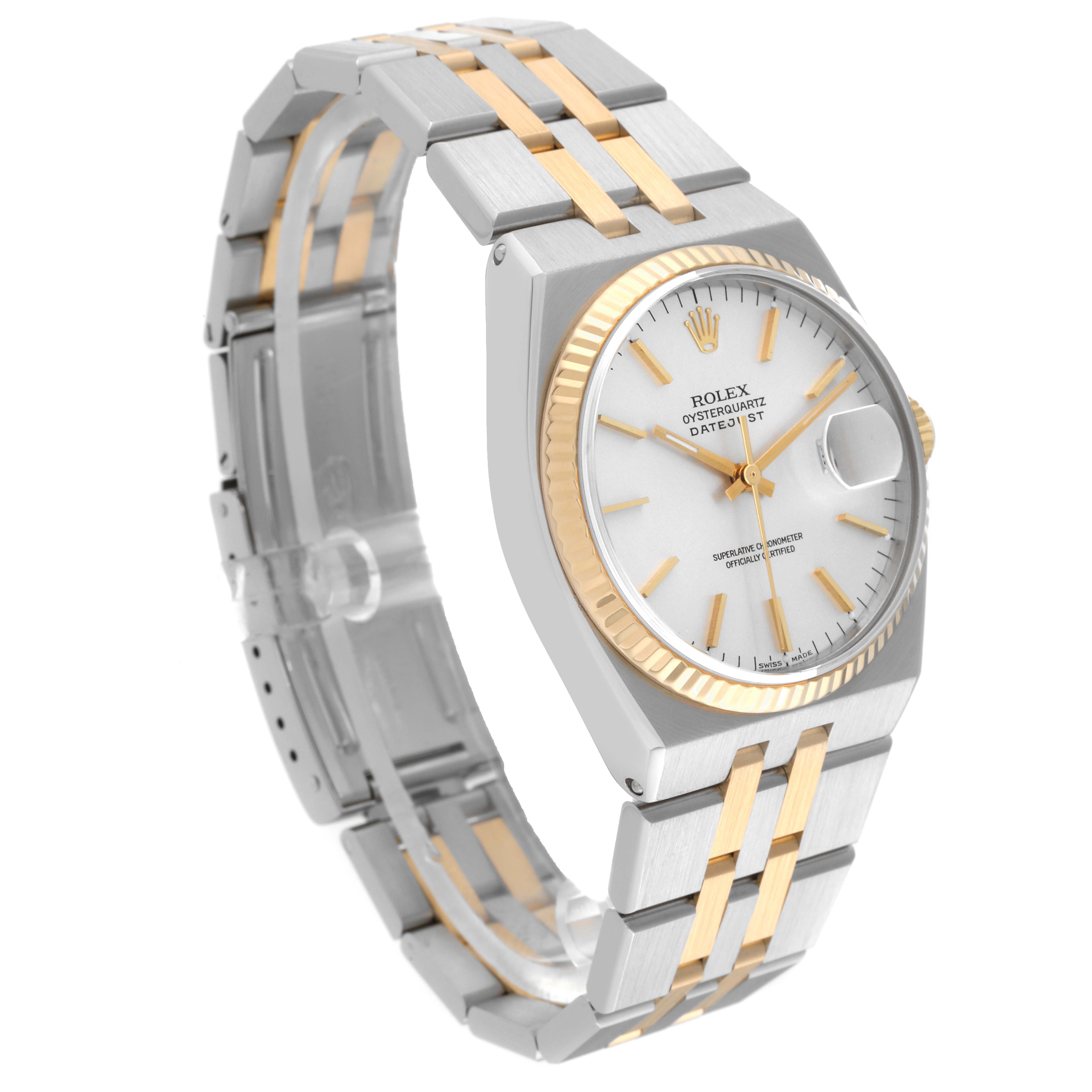 The image shows a Rolex Oysterquartz 17013 Men's Steel and Gold (two tone) Silver Dial 17013 Men's Steel and Gold (two tone) Silver Dial watch at a three-quarter angle, highlighting the bracelet, dial, and case.