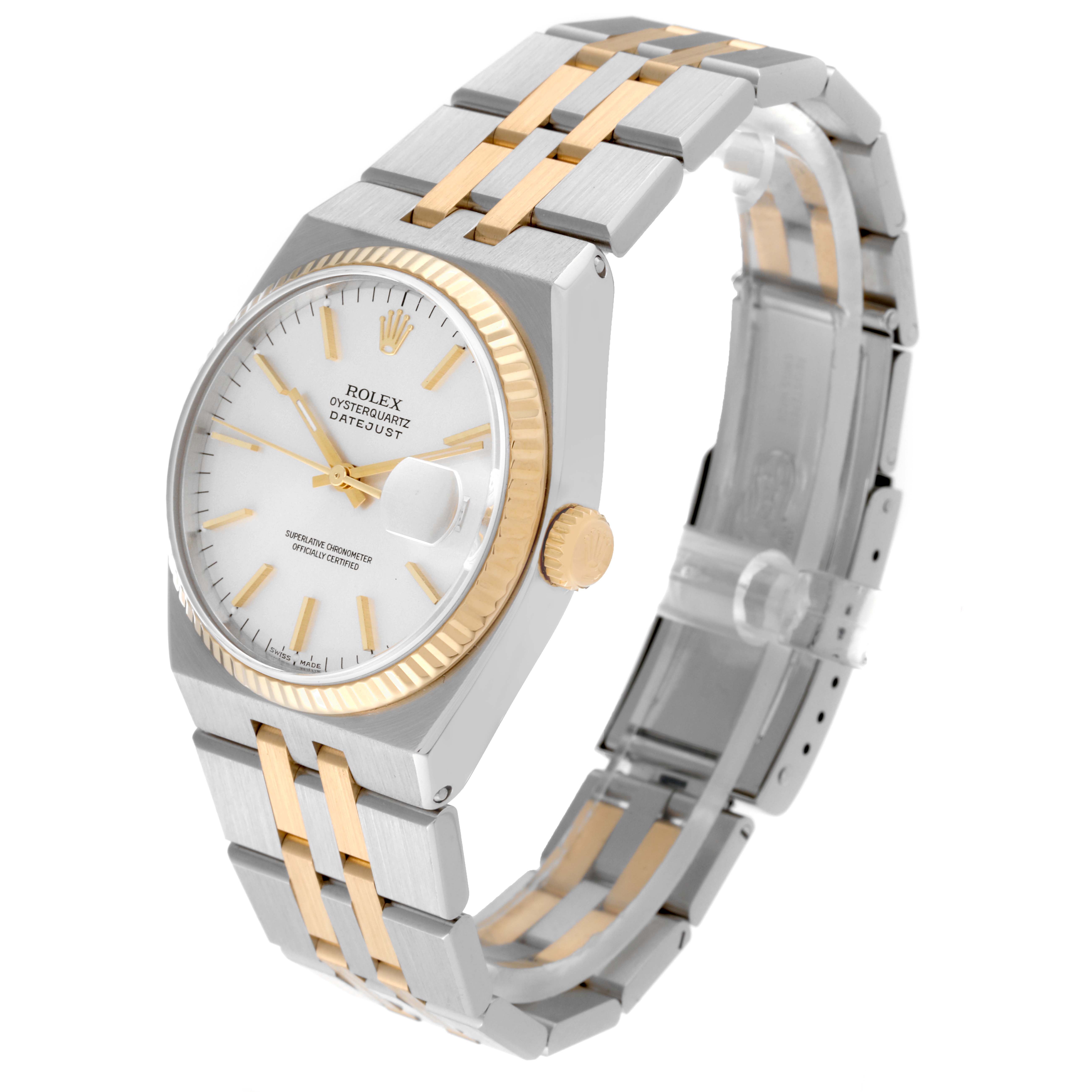 The Rolex Oysterquartz 17013 Men's Steel and Gold (two tone) Silver Dial 17013 Men's Steel and Gold (two tone) Silver Dial watch is shown at a three-quarter angle, highlighting its dial, crown, bracelet, and clasp.