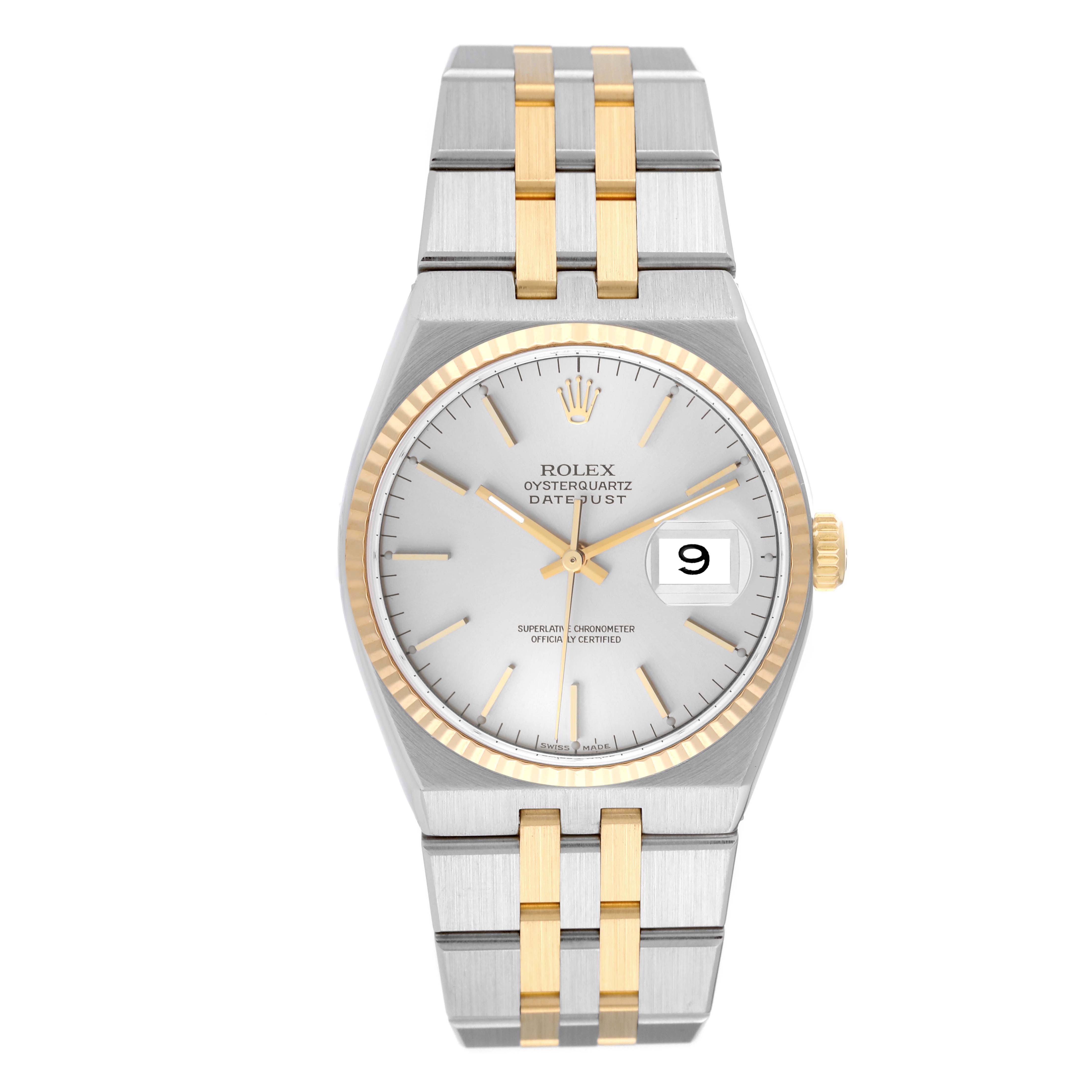 The image shows a front view of the Rolex Oysterquartz 17013 Men's Steel and Gold (two tone) Silver Dial 17013 Men's Steel and Gold (two tone) Silver Dial Datejust, displaying the dial, bezel, bracelet, and date window.