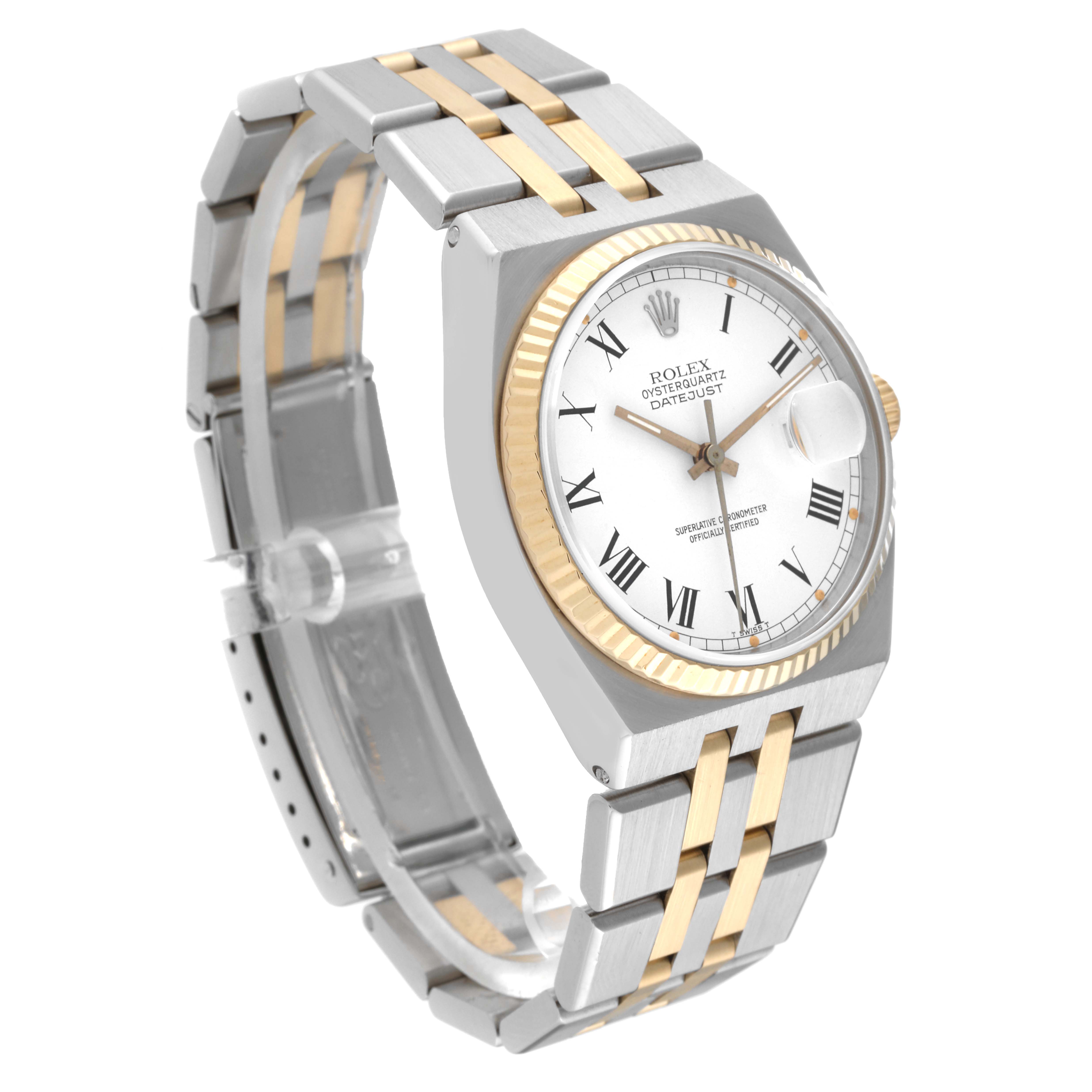 The image shows a Rolex Oysterquartz 17013 Men's Steel and Gold (two tone) White Dial 17013 Men's Steel and Gold (two tone) White Dial model at an angled side view, highlighting the dial, bezel, and two-tone bracelet.